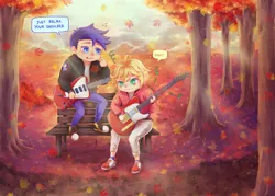 Size: 2800x2000 | Tagged: safe, artist:nikyuuchan, derpibooru import, flash sentry, human, equestria girls, autumn, bench, clothes, commission, converse, crossover, cygames, dragalia lost, embarrassed, euden, falling leaves, frustrated, guitar, hoodie, jacket, jeans, leaves, musical instrument, nintendo, pants, park, park bench, playing instrument, shoes, socks, speech bubble, sunlight, teaching, tongue out, tree, trousers, vincent tong, voice actor joke