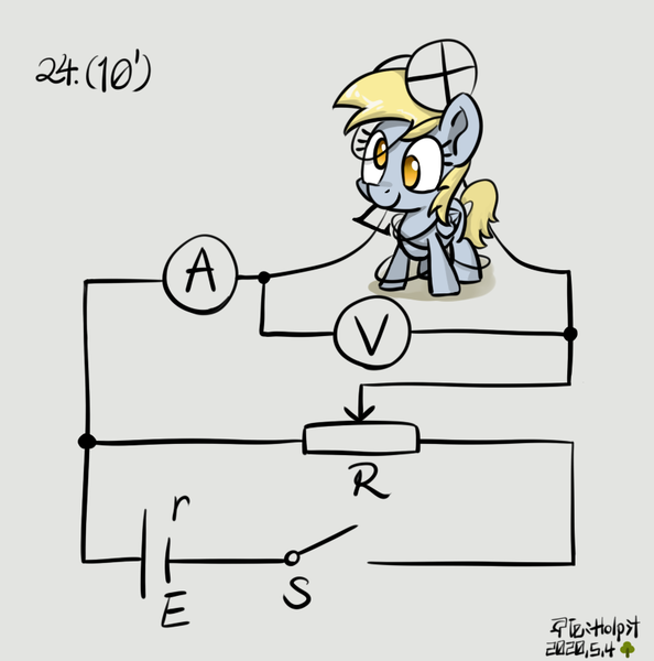 Size: 814x822 | Tagged: safe, artist:holp, derpibooru import, derpy hooves, pegasus, pony, circuit, cute, derpabetes, derpy being derpy, electricity, electronics, examination, female, light bulb, mare, no pupils, physics, resistor, signature, simple background, solo, test