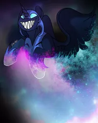 Size: 1080x1350 | Tagged: safe, artist:petal_quartz, derpibooru import, nightmare moon, alicorn, pony, female, flying, grin, helmet, hoof shoes, mare, sharp teeth, smiling, solo, space, teeth