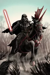 Size: 600x900 | Tagged: artist:robert-shane, changeling, darth vader, derpibooru import, humans riding ponies, light saber, lightsaber, red changeling, riding, safe, sith, sith lord, star wars, weapon