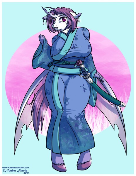 Size: 989x1280 | Tagged: anthro, artist:sonicsweeti, breasts, changeling, changeling oc, clothes, commission, derpibooru import, digital art, fangs, female, horn, kimono (clothing), oc, purple changeling, safe, solo, unguligrade anthro, unofficial characters only, wings