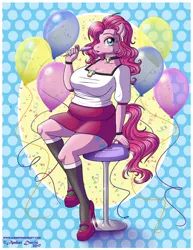 Size: 618x800 | Tagged: safe, artist:sonicsweeti, derpibooru import, pinkie pie, anthro, earth pony, breasts, busty pinkie pie, candy, chubbie pie, chubby, clothes, commission, cutie mark, digital art, female, food, high heels, horse face, lollipop, looking at you, shoes, solo