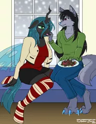 Size: 927x1200 | Tagged: safe, artist:sonicsweeti, derpibooru import, queen chrysalis, oc, oc:feng, anthro, changeling, changeling queen, unguligrade anthro, wolf, canon x oc, chocolate, christmas changeling, clothes, commission, digital art, fangs, feeding, female, food, furry, furry x canon, happy, horn, looking at each other, male, plate, romance, smiling, snow, socks, strawberry, striped socks, tail, thigh highs, window, wings