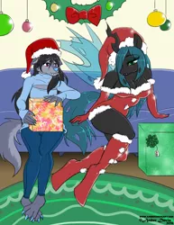 Size: 927x1200 | Tagged: suggestive, artist:sonicsweeti, derpibooru import, queen chrysalis, oc, oc:feng, anthro, changeling, changeling queen, unguligrade anthro, wolf, backless, breasts, busty queen chrysalis, canon x oc, christmas, christmas changeling, clothes, commission, costume, digital art, evening gloves, fangs, female, furry, furry x canon, gloves, happy, hat, holiday, horn, long gloves, looking at each other, male, open-back sweater, present, reversalis, romance, santa costume, santa hat, sleeveless, sleeveless sweater, smiling, socks, sweater, tail, virgin killer sweater, wings