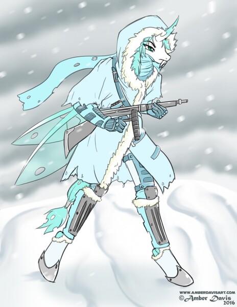 Size: 989x1280 | Tagged: anthro, artist:sonicsweeti, blizzard, changeling, clothes, commission, derpibooru import, digital art, fangs, gun, horn, ice changeling, male, oc, oc:seppen, safe, snow, snowfall, solo, tail, tommy gun, unguligrade anthro, unofficial characters only, weapon, wings, winter