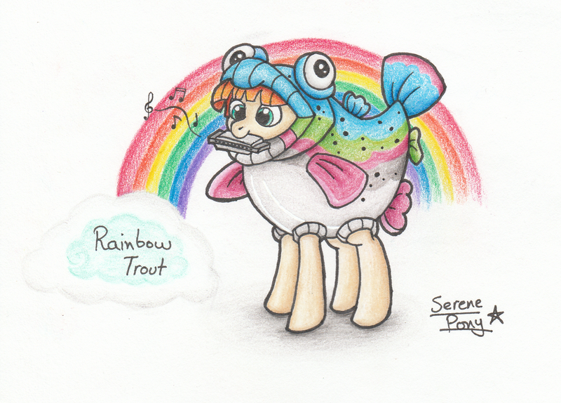 Size: 1847x1325 | Tagged: safe, artist:serenepony, deleted from derpibooru, derpibooru import, rainbow trout (character), pony, rainbow roadtrip, clothes, costume, harmonica, male, musical instrument, rainbow, rainbow trout, simple background, smiling, solo, stallion, traditional art