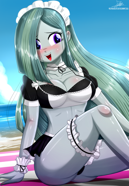 Size: 1440x2060 | Tagged: suggestive, artist:the-butch-x, derpibooru import, marble pie, equestria girls, beach, big breasts, black panties, black underwear, blushing, breasts, busty marble pie, cleavage, clothes, cute, equestria girls-ified, female, french maid, garter, headdress, legs, lidded eyes, long hair, maid, maid headdress, marblebetes, open mouth, panties, sexy, solo, solo female, thighs, underwear, wrist cuffs