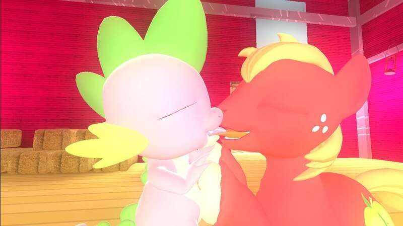 Size: 1024x575 | Tagged: suggestive, artist:undeadponysoldier, derpibooru import, big macintosh, spike, dragon, earth pony, pony, 3d, barn, eyes closed, freckles, gay, gmod, hay, interspecies, kissing, making out, male, shipping, spikentosh, stallion, tongue out, tongue play