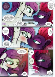 Size: 2480x3508 | Tagged: suggestive, artist:dsana, derpibooru import, fizzlepop berrytwist, tempest shadow, oc, oc:thistledown, earth pony, pony, unicorn, comic:a storm's lullaby, blushing, broken horn, comic, dialogue, exclamation point, female, horn, interrobang, kissing, lesbian, mare, onsen, question mark, scar, water droplet