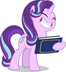 Size: 4588x5059 | Tagged: safe, artist:duskyzombie, derpibooru import, starlight glimmer, pony, unicorn, memnagerie, spoiler:memnagerie, spoiler:mlp friendship is forever, absurd resolution, big smile, book, cropped, cute, eyes closed, female, glimmerbetes, mare, simple background, smiling, solo, transparent background, vector