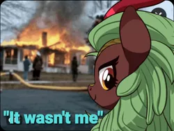 Size: 1164x880 | Tagged: artist:mangoswirl13, cinder glow, denial, derpibooru import, disaster girl, fire, firefighter, hose, house fire, human, implied nirik, irl, irl human, it wasn't me, kirin, looking at you, looking back, photo, safe, smiling, solo, summer flare, this ended in fire