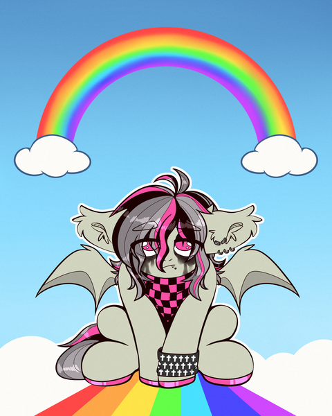 Size: 2000x2500 | Tagged: safe, artist:etoz, derpibooru import, oc, oc:gravel shine, unofficial characters only, bat pony, bandana, bat pony oc, bat wings, clothes, cloud, ear piercing, earring, emo, fangs, jewelry, makeup, male, piercing, rainbow, sad, sky, stallion, wings