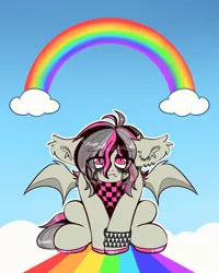 Size: 2000x2500 | Tagged: safe, artist:etoz, derpibooru import, oc, oc:gravel shine, unofficial characters only, bat pony, bandana, bat pony oc, bat wings, clothes, cloud, ear piercing, earring, emo, fangs, jewelry, makeup, male, piercing, rainbow, sad, sky, stallion, wings