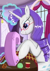 Size: 1024x1449 | Tagged: safe, artist:neoshrek, derpibooru import, rarity, pony, unicorn, female, magic, mare, pincushion, scissors, sewing machine, smiling, solo, spool, thread