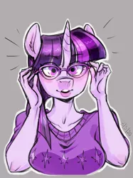 Size: 1024x1366 | Tagged: adorasexy, adorkable, anthro, artist:noupie, blushing, breasts, bust, busty twilight sparkle, clothes, cute, derpibooru import, dork, ear fluff, eye clipping through hair, female, glasses, looking at you, mare, meganekko, nerd, portrait, safe, sexy, simple background, solo, sweater, sweater puppies, twiabetes, twilight sparkle