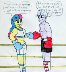 Size: 1280x1391 | Tagged: safe, artist:jose-ramiro, derpibooru import, bon bon, sweetie drops, oc, oc:night train, equestria girls, boots, boxing, boxing boots, boxing gloves, boxing ring, boxing shoes, boxing shorts, boxing trunks, clothes, shoes, shorts, socks, sports, sports bra, sports shoes, sports shorts, text