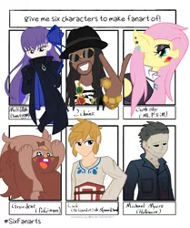 Size: 1715x2048 | Tagged: safe, artist:geraritydevillefort, derpibooru import, fluttershy, human, pony, six fanarts, fake it 'til you make it, 2chainz, clothes, ear piercing, fate/extra, female, fluttergoth, greedent, link, mare, meltlilith, michael myers, piercing, pokémon, the legend of zelda, the legend of zelda: skyward sword