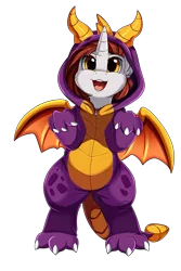 Size: 1853x2780 | Tagged: safe, artist:pridark, derpibooru import, oc, unofficial characters only, dragon, pony, unicorn, bipedal, clothes, commission, cosplay, costume, cute, happy, high res, ocbetes, open mouth, simple background, solo, spyro the dragon, transparent background