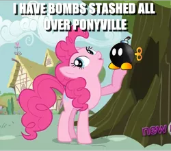 Size: 1029x904 | Tagged: ball emergency, bob-omb, caption, cropped, derpibooru import, edit, edited screencap, image macro, it's about time, pinkie pie, safe, screencap, solo, text