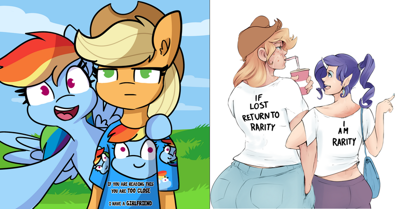 Size: 1206x632 | Tagged: safe, artist:sundown, artist:tjpones, derpibooru import, edit, applejack, rainbow dash, rarity, earth pony, human, pegasus, pony, semi-anthro, alternate hairstyle, applebucking thighs, applebutt, appledash, applejack is not amused, applejack's hat, ass, bipedal, butt, clingy, clothes, cloud, cowboy hat, drink, ear piercing, earring, elf ears, fan shirt, female, freckles, grass, hat, horn, horned humanization, humanized, if lost return to shirt, jacqueline applebuck, jewelry, juliette d'rarie, large butt, lesbian, midriff, no pupils, obsessive girlfriend, open mouth, piercing, ponytail, possessive, purse, rarijack, scar, shipping, shirt, sky, text, the ass was fat, unamused