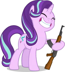 Size: 2481x2736 | Tagged: safe, artist:duskyzombie, artist:hazy_reply, derpibooru import, edit, edited screencap, screencap, starlight glimmer, pony, unicorn, memnagerie, spoiler:memnagerie, spoiler:mlp friendship is forever, ak-47, assault rifle, big smile, cropped, cute, eyes closed, female, glimmerbetes, gun, high res, mare, rifle, simple background, smiling, solo, this will end in communism, transparent background, vector, weapon
