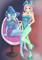 Size: 1280x1833 | Tagged: suggestive, artist:jennobasilicum, derpibooru import, fluttershy, trixie, equestria girls, alcohol, armpits, blushing, breasts, bunny ears, bunny suit, cleavage, clothes, corset, duo, female, females only, glass, gloves, grin, hat, high heels, legs, shoes, smiling, socks, stockings, thigh highs, thighs, trixie's hat, wine, wine glass