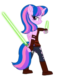 Size: 7594x10058 | Tagged: ahsoka tano, alicorn, alicorn oc, anthro, anthro oc, artist:ejlightning007arts, clothes, costume, crossover, derpibooru import, duel wielding, horn, jedi, lightsaber, looking back, oc, oc:hsu amity, safe, simple background, star wars, transparent background, unofficial characters only, vector, weapon, wings