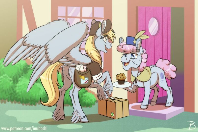 Size: 1024x683 | Tagged: safe, artist:inuhoshi-to-darkpen, derpibooru import, derpy hooves, pearly stitch, earth pony, pegasus, pony, box, door, duo, ear fluff, eye clipping through hair, feathered fetlocks, female, food, hat, mail, mailbag, mailmare, mailmare uniform, mare, muffin, older, open mouth, package, smiling, underhoof, unshorn fetlocks, window