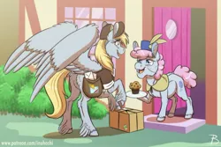 Size: 1024x683 | Tagged: safe, artist:inuhoshi-to-darkpen, derpibooru import, derpy hooves, pearly stitch, earth pony, pegasus, pony, box, door, duo, ear fluff, eye clipping through hair, feathered fetlocks, female, food, hat, mail, mailbag, mailmare, mailmare uniform, mare, muffin, older, open mouth, package, smiling, underhoof, unshorn fetlocks, window