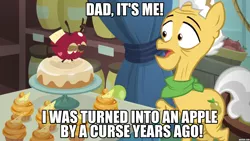 Size: 1280x720 | Tagged: safe, derpibooru import, edit, edited screencap, screencap, grand pear, pear butter, earth pony, pony, the big mac question, apple, caption, cupcake, food, image macro, implied pear butter, living apple, male, pear cupcake, stallion, text