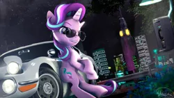 Size: 3840x2160 | Tagged: 3d, artist:whiteskyline, city, cityscape, derpibooru import, glasses, light, looking at you, night, phone, road, safe, signature, source filmmaker, starlight glimmer, toyota, toyota 2000gt, tree