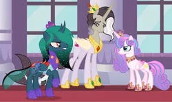 Size: 1280x761 | Tagged: safe, artist:razorbladetheunicron, derpibooru import, princess flurry heart, oc, oc:princess serpentine whisper, oc:princess zenith, alicorn, changepony, hybrid, pony, lateverse, base used, canterlot castle, colored wings, crown, draconequus hybrid, gemstones, gradient mane, gradient wings, interspecies offspring, jewelry, next generation, offspring, parent:discord, parent:pharynx, parent:princess cadance, parent:princess celestia, parent:princess luna, parent:shining armor, parents:dislestia, parents:lunarynx, parents:shiningcadance, princess, regalia, shark tail, wings