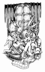 Size: 1280x2038 | Tagged: safe, artist:jennobasilicum, derpibooru import, apple bloom, scootaloo, pony, artificial wings, augmented, mechanical wing, monochrome, mouth hold, traditional art, wings, wrench