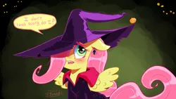 Size: 3840x2160 | Tagged: safe, artist:jomok0, derpibooru import, fluttershy, pegasus, pony, best pony, cloak, clothes, hat, simple background, spooky, wings, witch hat