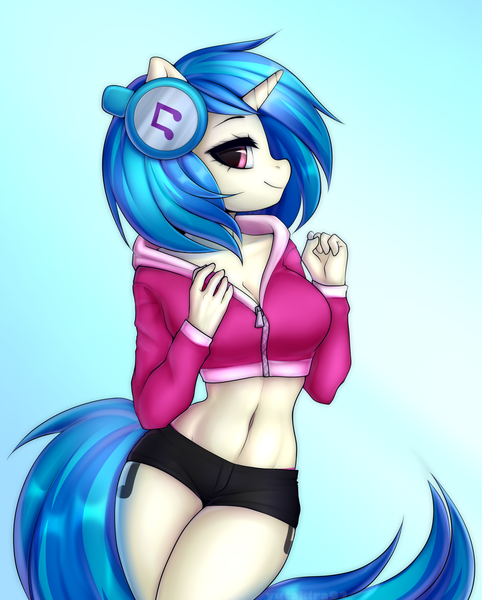 Size: 2456x3060 | Tagged: suggestive, artist:yutakira92, derpibooru import, vinyl scratch, anthro, unicorn, adorasexy, belly button, big breasts, booty shorts, breasts, busty vinyl scratch, cleavage, clothes, cropped hoodie, curvy, cute, female, headphones, hoodie, mare, midriff, sexy, short shirt, shorts, solo, solo female, thighs, vinylbetes, wide hips, zipper