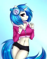 Size: 2456x3060 | Tagged: suggestive, artist:yutakira92, derpibooru import, vinyl scratch, anthro, unicorn, adorasexy, belly button, big breasts, booty shorts, breasts, busty vinyl scratch, cleavage, clothes, cropped hoodie, curvy, cute, female, headphones, hoodie, mare, midriff, sexy, short shirt, shorts, solo, solo female, thighs, vinylbetes, wide hips, zipper