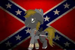 Size: 1280x852 | Tagged: safe, artist:lucky bolt, derpibooru import, oc, oc:beauregard, bat pony, communism, communism in the tags, communist hillbilly, communist pony, confederate flag, ponysona, rebel, rebel flag, redneck, saber, solo, southerner, sword, weapon