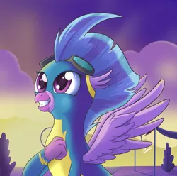 Size: 1000x990 | Tagged: artist:moonsango, bust, clothes, cute, derpibooru import, diastreamies, female, hippogriff, safe, silverstream, smiling, solo, sunset, uniform, wonderbolt silverstream, wonderbolts uniform