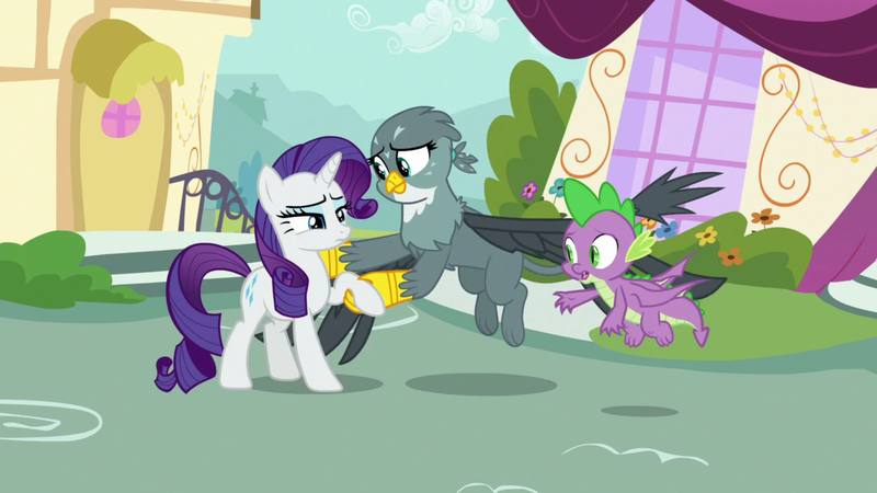 Size: 1920x1080 | Tagged: safe, derpibooru import, screencap, gabby, rarity, spike, dragon, gryphon, pony, unicorn, dragon dropped