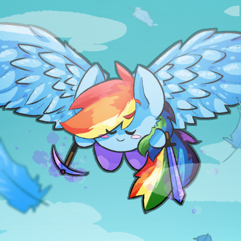 Size: 474x474 | Tagged: artist:temmie_kun, blushing, blush sticker, crossover, derpibooru import, eye clipping through hair, eyes closed, feather, flying, kirby, kirbyfied, pickaxe, rainbow dash, safe, smiling, solo, spread wings, sword, weapon, wings