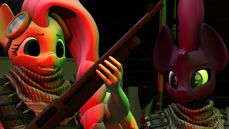 Size: 1920x1080 | Tagged: 3d, anthro, artist:lxdrako, badass, derpibooru import, flutterbadass, fluttershy, goggles, gun, my little pony, safe, shemagh, shotgun, source filmmaker, tempest shadow, weapon