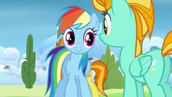 Size: 1280x720 | Tagged: safe, derpibooru import, screencap, lightning dust, rainbow dash, spitfire, pegasus, pony, wonderbolts academy, butt, cute, cutie mark, dashabetes, duo focus, dustabetes, female, folded wings, introduction, looking at each other, magenta eyes, mare, multicolored mane, multicolored tail, obscured face, orange eyes, plot, smiling, wings