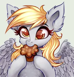 Size: 1280x1339 | Tagged: safe, artist:mite-lime, derpibooru import, derpy hooves, pegasus, pony, bust, cheek fluff, cute, cute little fangs, derpabetes, ear fluff, eating, fangs, female, food, leg fluff, mare, muffin, portrait, simple background, solo