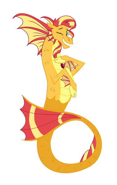 Size: 1520x2408 | Tagged: derpibooru import, edit, editor:proto29, female, grin, one eye closed, race swap, safe, simple background, siren, sirenified, smiling, species swap, sunset shimmer, sunset siren, transformation, white background, wink