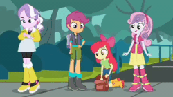 Size: 1200x676 | Tagged: safe, derpibooru import, screencap, apple bloom, diamond tiara, scootaloo, sweetie belle, equestria girls, equestria girls series, fomo, spoiler:eqg series (season 2), animated, apple bloom's bow, backpack, book, boots, bow, clothes, cutie mark crusaders, gif, hair bow, jacket, jeans, jewelry, looking at something, mobile phone, necklace, pants, phone, shirt, shoes, shorts, skirt, smiling, taxi, tree
