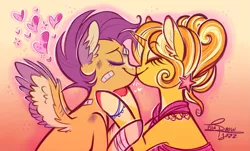 Size: 2893x1742 | Tagged: safe, artist:snowballflo, derpibooru import, gilded lily, scootaloo, pegasus, pony, unicorn, alternate hairstyle, bandage, bandaid, boop, bracelet, clothes, cute, cutealoo, dress, eyeshadow, female, heart, hug, jewelry, kissing, lesbian, makeup, mare, markings, noseboop, older, older scootaloo, redesign, scar, scootalily, scootalove, shipping