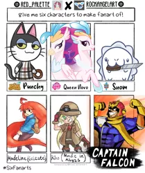 Size: 950x1135 | Tagged: animal crossing, artist:redpalette, artist:rockangelart, captain falcon, celeste, clothes, collaboration, crossover, cute, derpibooru import, female, f-zero, gloves, grin, helmet, hippogriff, knife, madeline, male, mining helmet, mouth hold, my little pony: the movie, pokémon, pokemon sword and shield, queen novo, safe, seapony (g4), six fanarts, smiling, snom