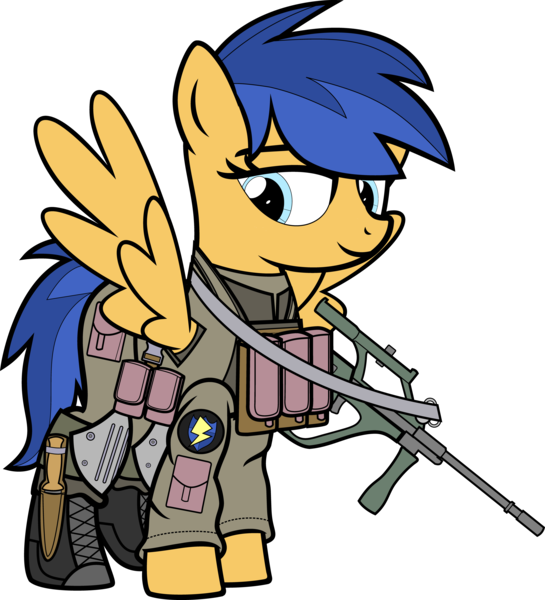 Size: 8000x8806 | Tagged: safe, artist:icey-wicey-1517, artist:n0kkun, color edit, derpibooru import, edit, flash sentry, pegasus, pony, alternate hairstyle, armor, belt, boots, clothes, collaboration, colored, combat armor, combat boots, female, flare warden, gun, knee pads, mare, military, military uniform, pants, pouch, rifle, rule 63, shoes, simple background, smiling, smirk, solo, spetsnaz, steyr aug, transparent background, weapon