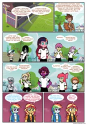 Size: 796x1144 | Tagged: safe, artist:crydius, derpibooru import, apple bloom, applejack, rainbow dash, scootaloo, silver spoon, sunset shimmer, sweetie belle, oc, oc:eldritch, oc:gamma, comic:the first year's dodgeball competition, equestria girls, averted gaze, blushing, chara, comic, corpse party, crossover, cutie mark crusaders, dipper pines, female, gravity falls, implied shipping, lesbian, magical lesbian spawn, male, mordred pendragon, offspring, overwatch, parent:oc:crydius, parent:sci-twi, parent:sunset shimmer, parent:tempest shadow, parents:canon x oc, parents:scitwishimmer, sachiko shinozaki, scientific lesbian spawn, shipping, silverbelle, speech bubble, sweat, tracer, undertale, vulgar description
