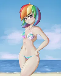 Size: 2000x2500 | Tagged: alternate version, artist:t72b, belly button, bikini, breasts, clothes, derpibooru import, female, hands on hip, human, humanized, princess celestia, princess celestia bikini, rainbow dash, rainbow dash bikini, role reversal, solo, solo female, suggestive, swimsuit